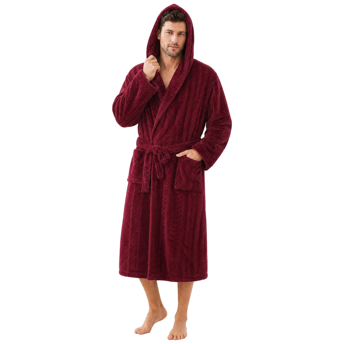Mens Hooded Plush Robe, Ultra Soft Bathrobe for Men, Warm Cozy Fleece Robe with Pockets