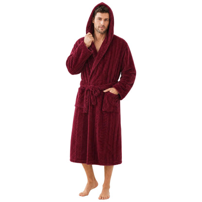 Mens Hooded Plush Robe, Ultra Soft Bathrobe for Men, Warm Cozy Fleece Robe with Pockets