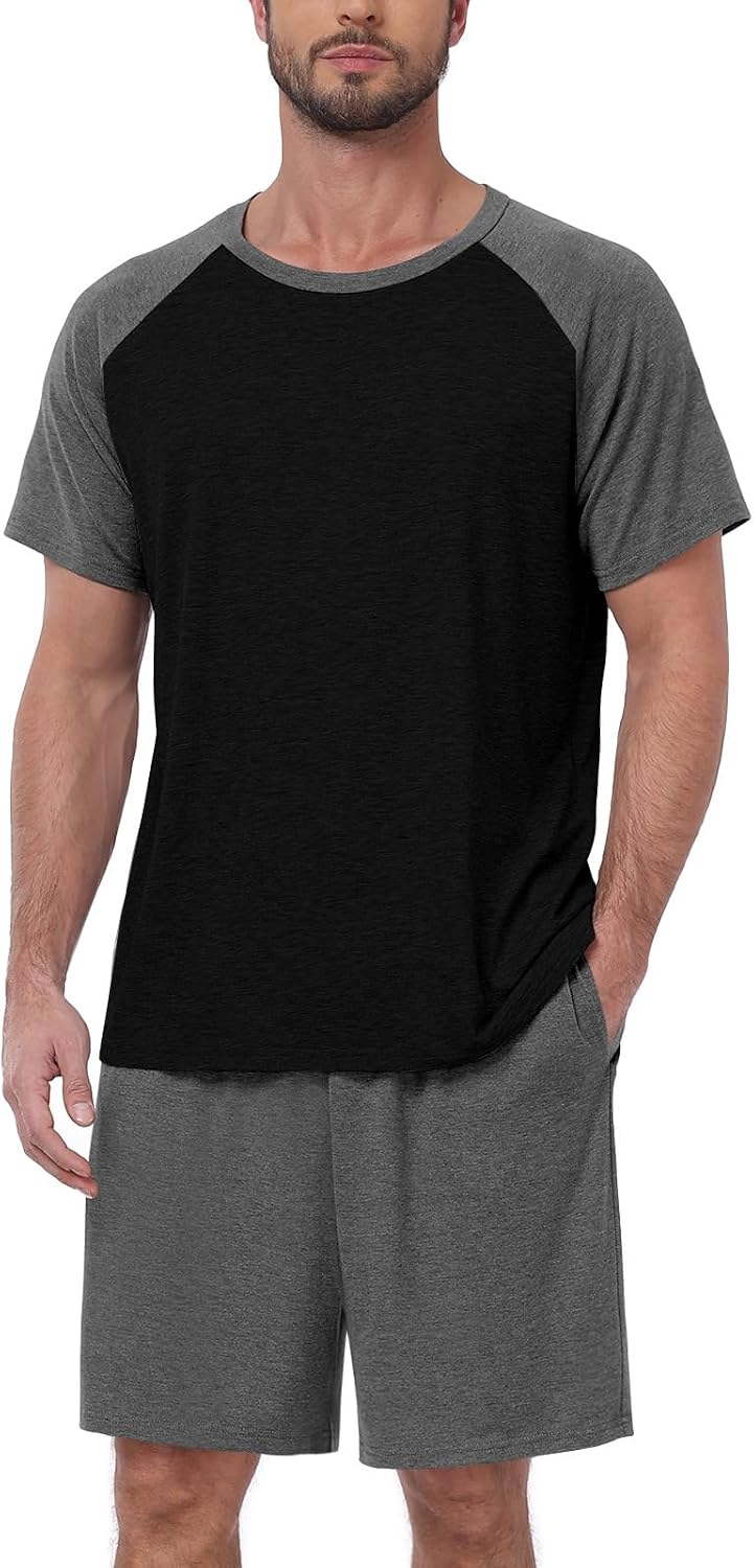 MLXSJ Mens Pajama Set Summer Pjs Sleepwear Soft Sleep Set With Pocket S-3XL