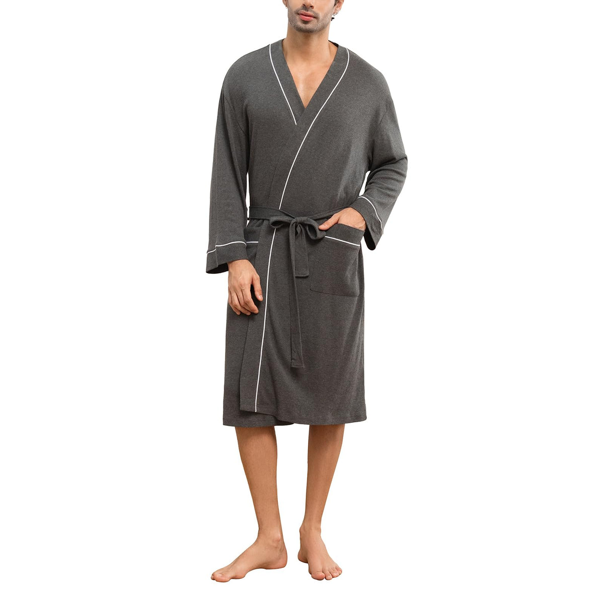 Mens Lightweight Robe Cotton Blend Kimono Bathrobe with Pockets, Soft Breathable Absorbent Loungewear for Home