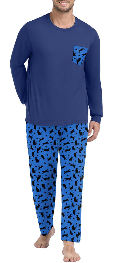 PrinStory Men's Pajama Sets Loungewear Sleepwear Pjs Lightweight Long Sleeve Shirts and Bottoms Soft Comfy Sleep Sets S-4XL
