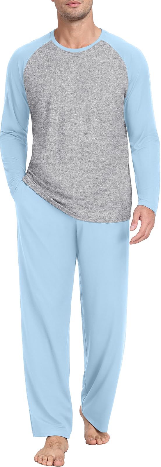 PrinStory Men's Pajama Sets Loungewear Sleepwear Pjs Lightweight Long Sleeve Shirts and Bottoms Soft Comfy Sleep Sets S-4XL