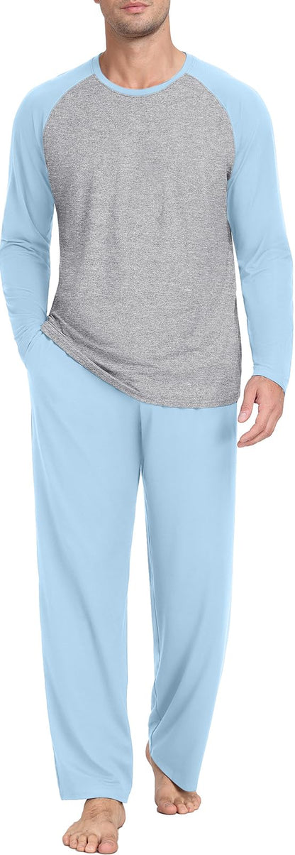 PrinStory Men's Pajama Sets Loungewear Sleepwear Pjs Lightweight Long Sleeve Shirts and Bottoms Soft Comfy Sleep Sets S-4XL