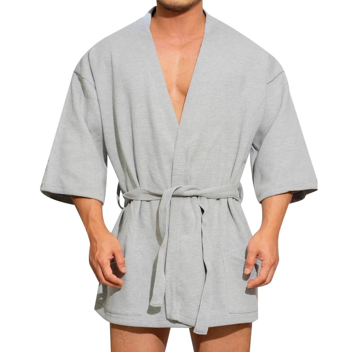 KISSQIQI Men's Cotton Robe Short Lightweight Bathrobe 3/4 Sleeve Loungewear