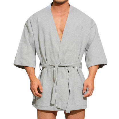 KISSQIQI Men's Cotton Robe Short Lightweight Bathrobe 3/4 Sleeve Loungewear