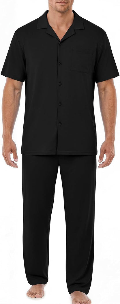 EKouear Mens Pajamas Set Button Down Short Sleeve Shirt Pjs with Long Pants