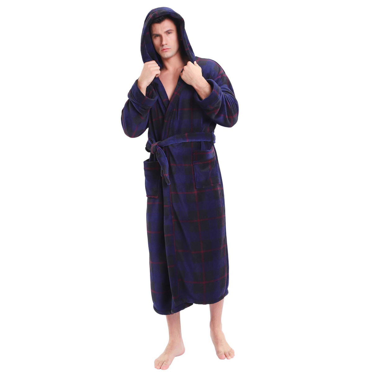 KEMUSI Hooded Herringbone Men's Soft Spa Full Lenght Bathrobe,Comfy Full Length Warm Nightdress