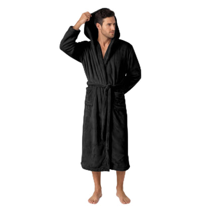 Men's Hooded Plush Fleece Bathrobe, Soft Warm Quick Dry Water Absorbent Spa House Coat Nightgown with Pockets