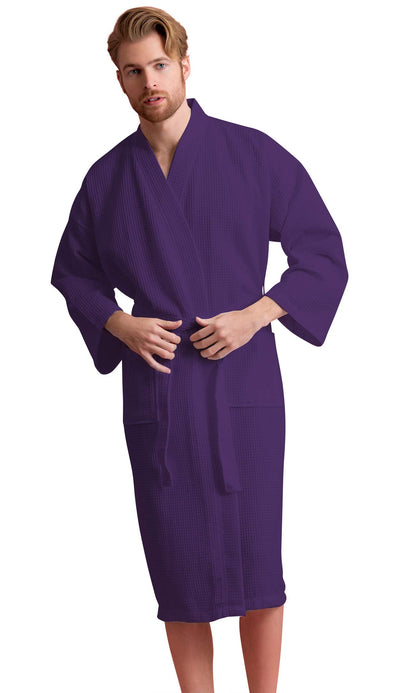 Men's Long Waffle Weave Kimono Bathrobe, 60% Cotton 40% Polyester