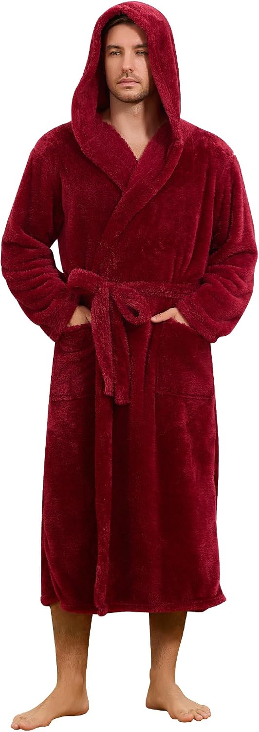 Mens Fleece Hooded Robe, Plush Robes Cozy for Men, Soft Warm Bathrobe Shower Spa Long Robe With Pockets