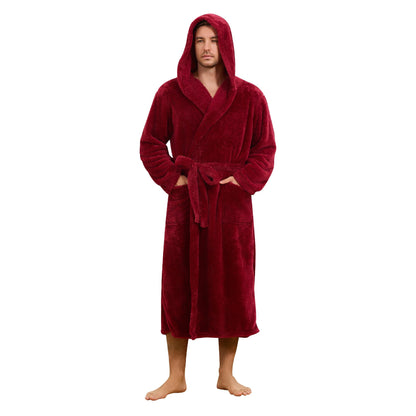 Mens Fleece Hooded Robe, Plush Robes Cozy for Men, Soft Warm Bathrobe Shower Spa Long Robe With Pockets