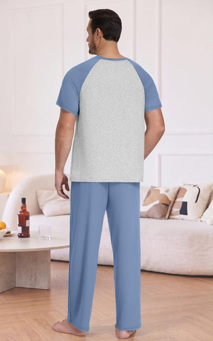 Yincro Mens Pajama Set Short Sleeve Pjs with Pocket Sleepwear Loungewear