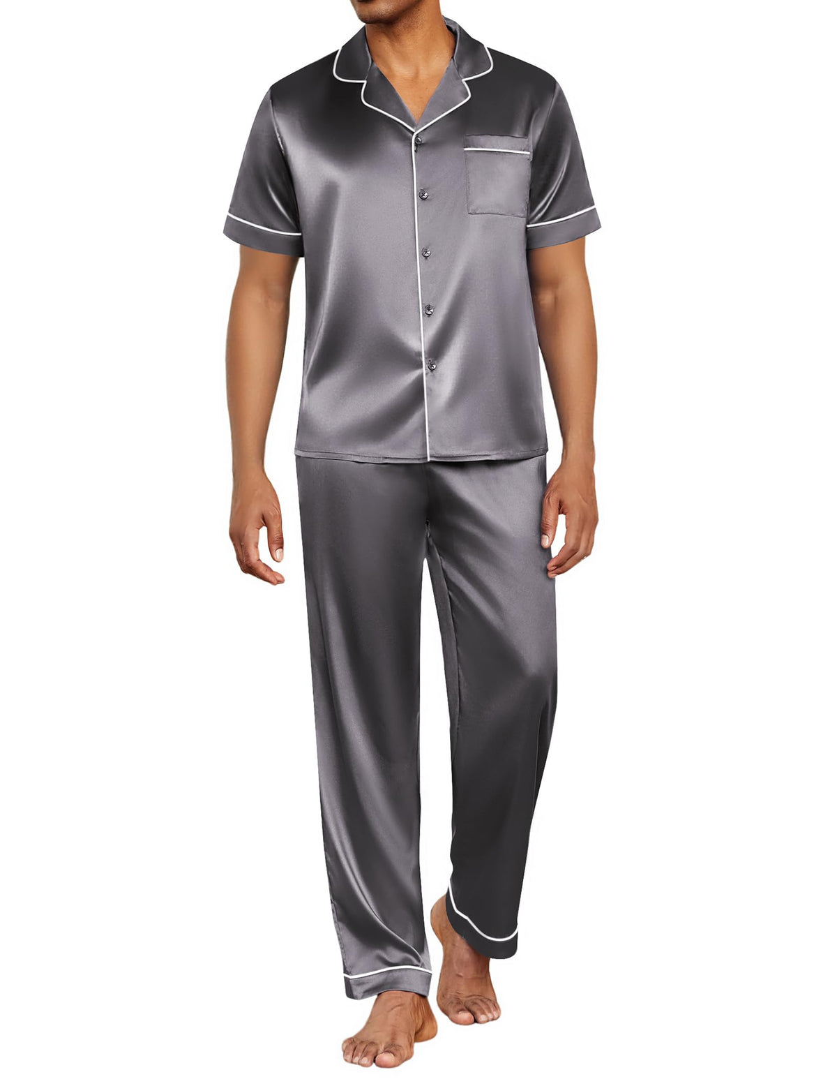 Ekouaer Mens Satin Pajama Set Short Sleeve Button Down Sleepwear with Pant