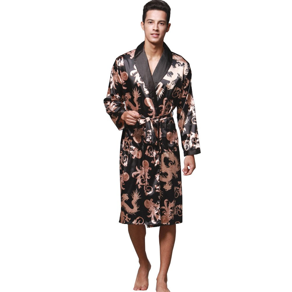 ZUEVI Men's Kimono Robe Silk Satin Long Sleeve Spa Bathrobe Lightweight Soft Silky Pajamas Robes