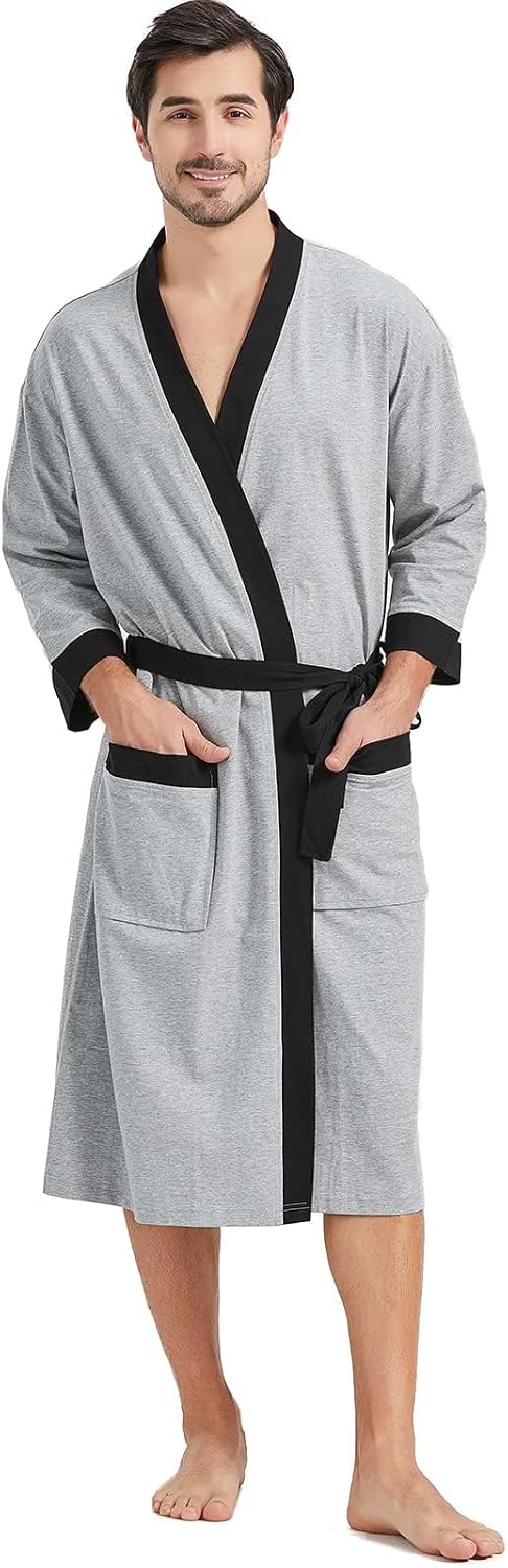 FashGudim Mens 100% Cotton Robe Lightweight Summer Bathrobe Soft Weave Kimono Bath Robe