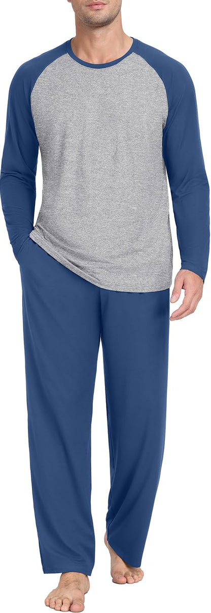 PrinStory Men's Pajama Sets Loungewear Sleepwear Pjs Lightweight Long Sleeve Shirts and Bottoms Soft Comfy Sleep Sets S-4XL