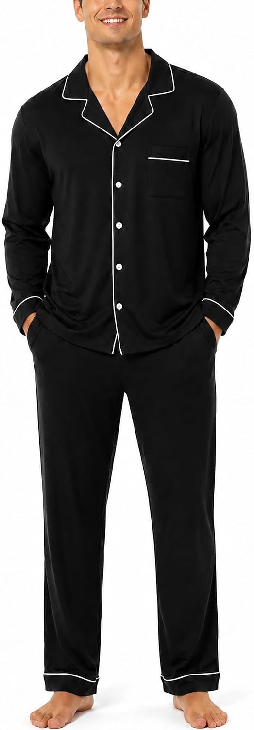 SWOMOG Mens 100% Cotton Pajama Sets, Soft Long Sleeve Sleepwear Pjs Sets