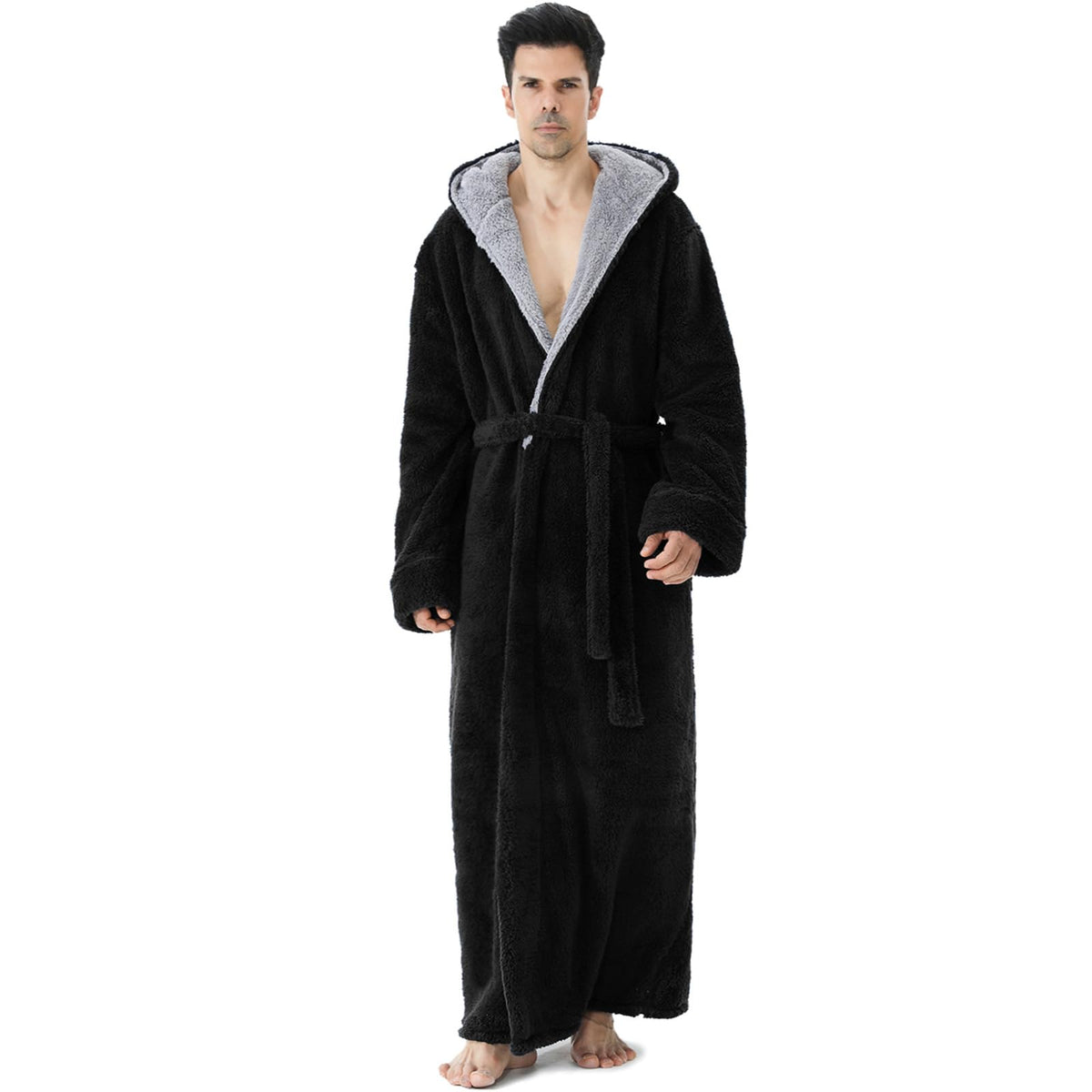 Hellomamma Mens Robe with Hood Plush Fleece Long Belted Bathrobes