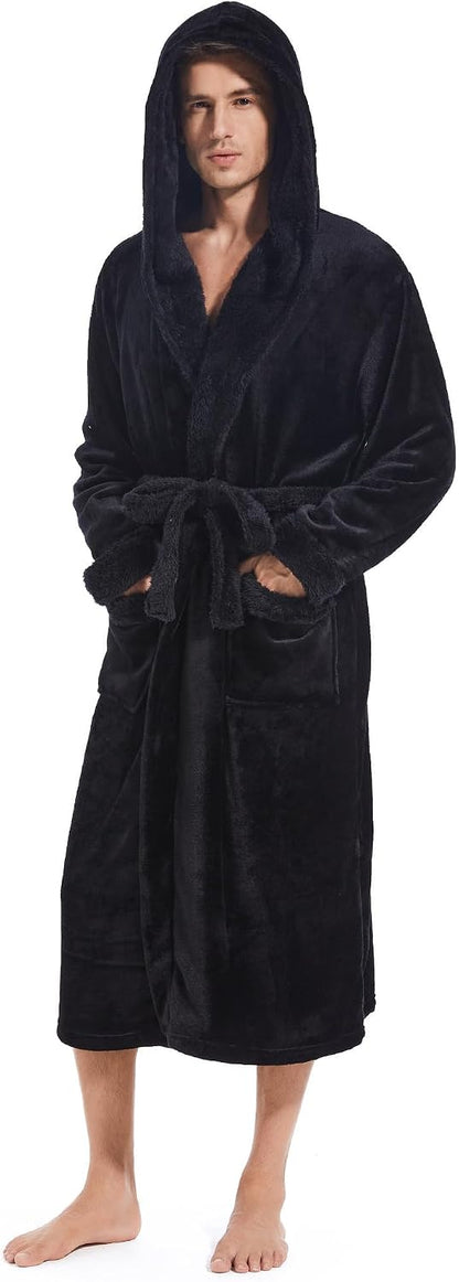 Inner Wish Mens Hooded Robe, Plush Long Highly Absorbent Bath robes Cozy Warm Bathrobe Fuzzy male Spa Robe With Pockets
