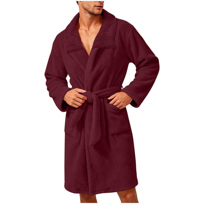 Robe for Men Fuzzy Fleece Collared Long Sleeve Thermal Bathrobe