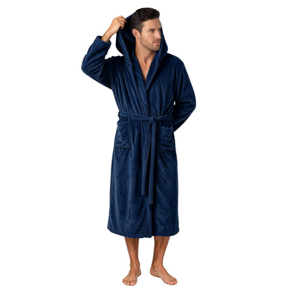 Men's Hooded Plush Fleece Bathrobe, Soft Warm Quick Dry Water Absorbent Spa House Coat Nightgown with Pockets