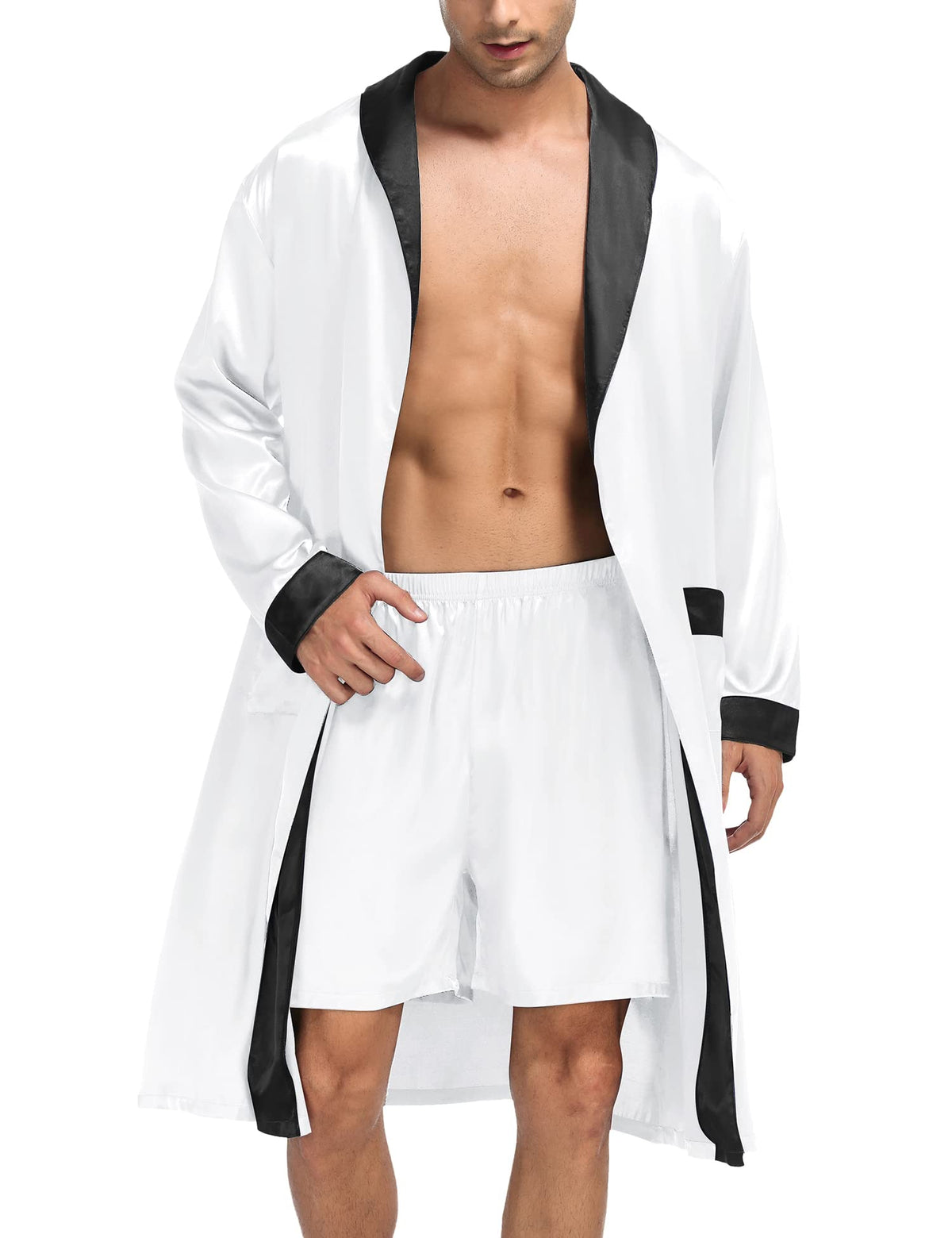 SWOMOG Men's Satin Robe with Shorts Set Silky Kimono Bathrobe Lightweight Soft Sleepwear