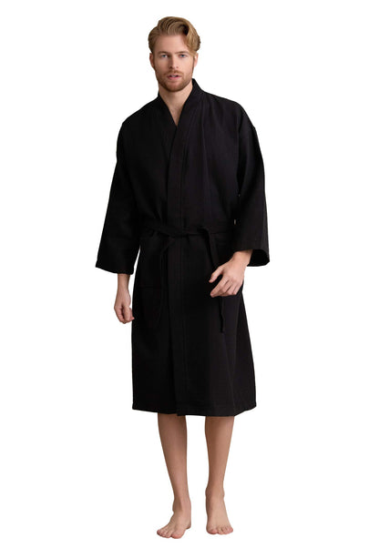 Men's Long Waffle Weave Kimono Bathrobe, 60% Cotton 40% Polyester