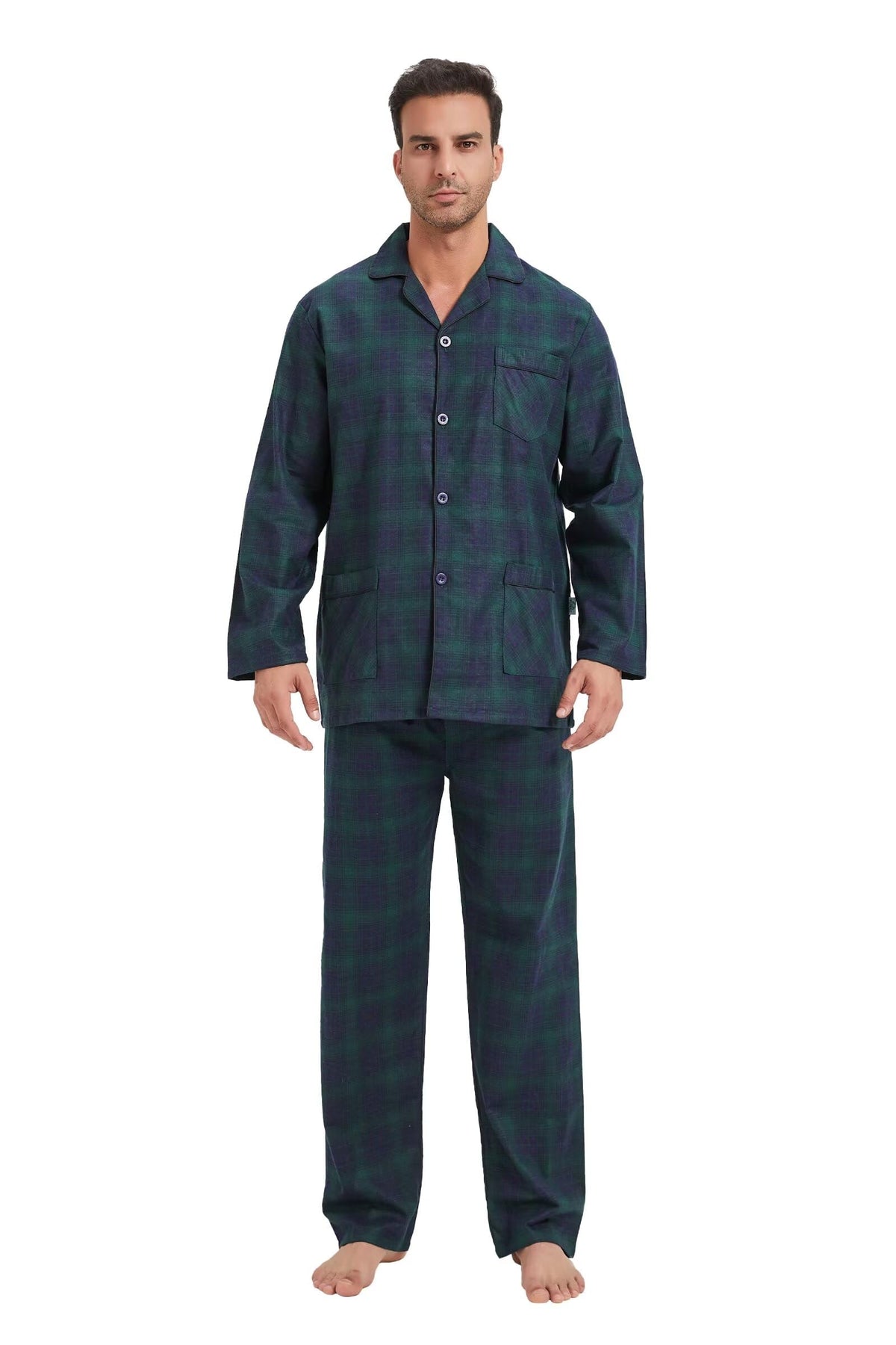 GLOBAL Men's Pajamas Sets 100% Cotton Flannel Sleepwear Long-Sleeve top & Bottom
