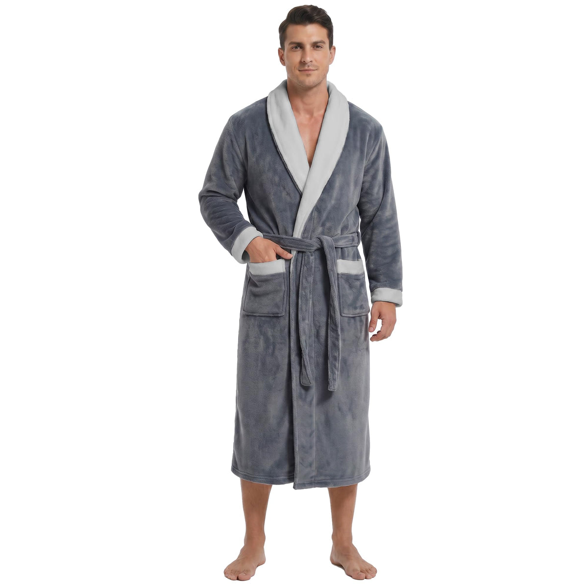 Vulcanodon Mens Robe Plush Fleece Shawl Collar Bathrobe Warm Soft Cozy Lounge Robe with Pockets
