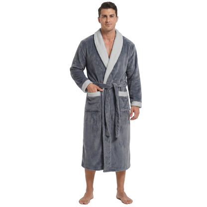 Vulcanodon Mens Robe Plush Fleece Shawl Collar Bathrobe Warm Soft Cozy Lounge Robe with Pockets