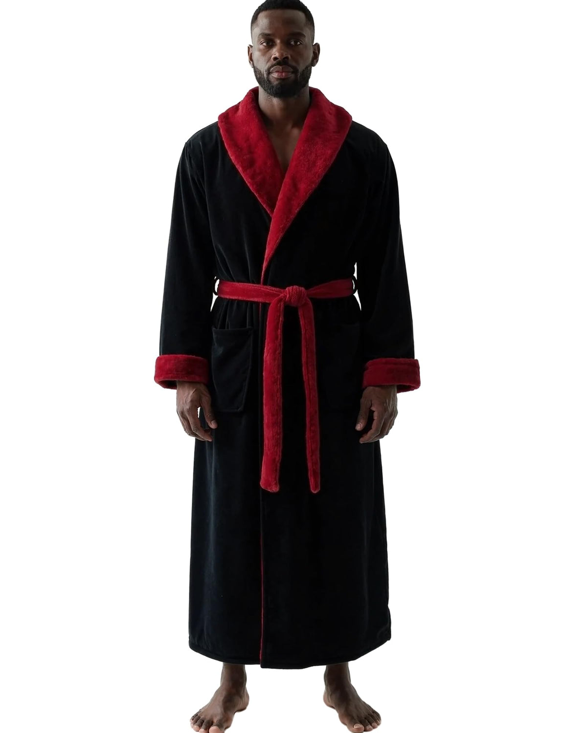 Men's Plush Fleece Hooded Robe with Pockets, Long Bathrobe