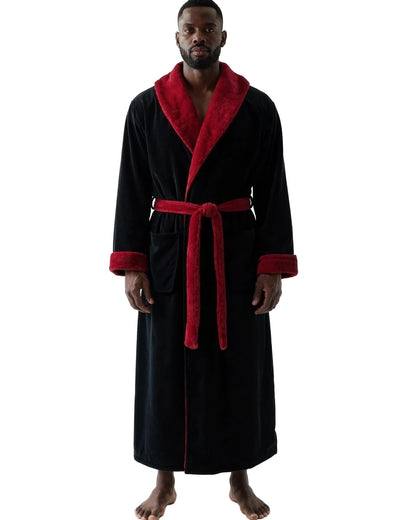 Men's Plush Fleece Hooded Robe with Pockets, Long Bathrobe