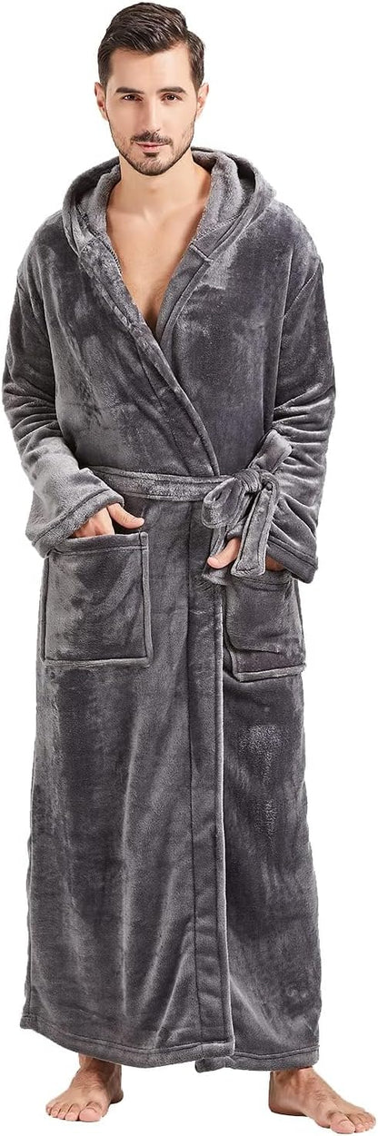 FashGudim Mens Robes Big and Tall with Hood Two-Tone Flannel Fleece Contrast Bathrobe Full Length Plush Long Robe House Coat
