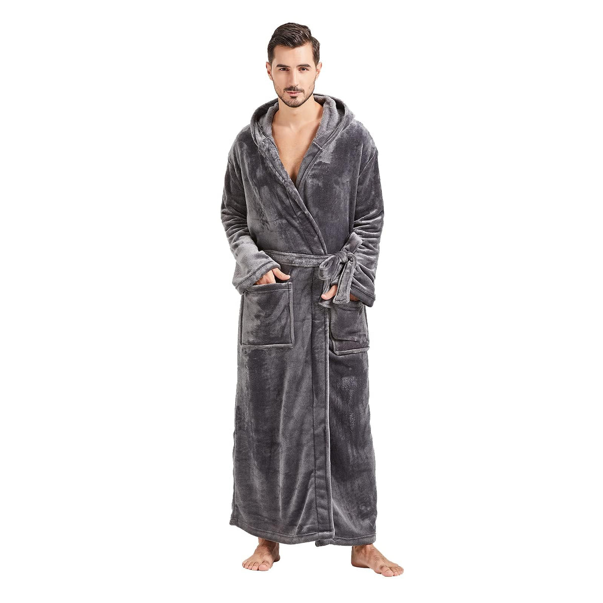 FashGudim Mens Robes Big and Tall with Hood Two-Tone Flannel Fleece Contrast Bathrobe Full Length Plush Long Robe House Coat