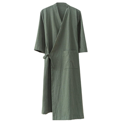 Men's Women's Cotton Linen Bathrobe Couples Japanese-Style Absorbent Quick-Drying Kimono Yukata Sauna Robe