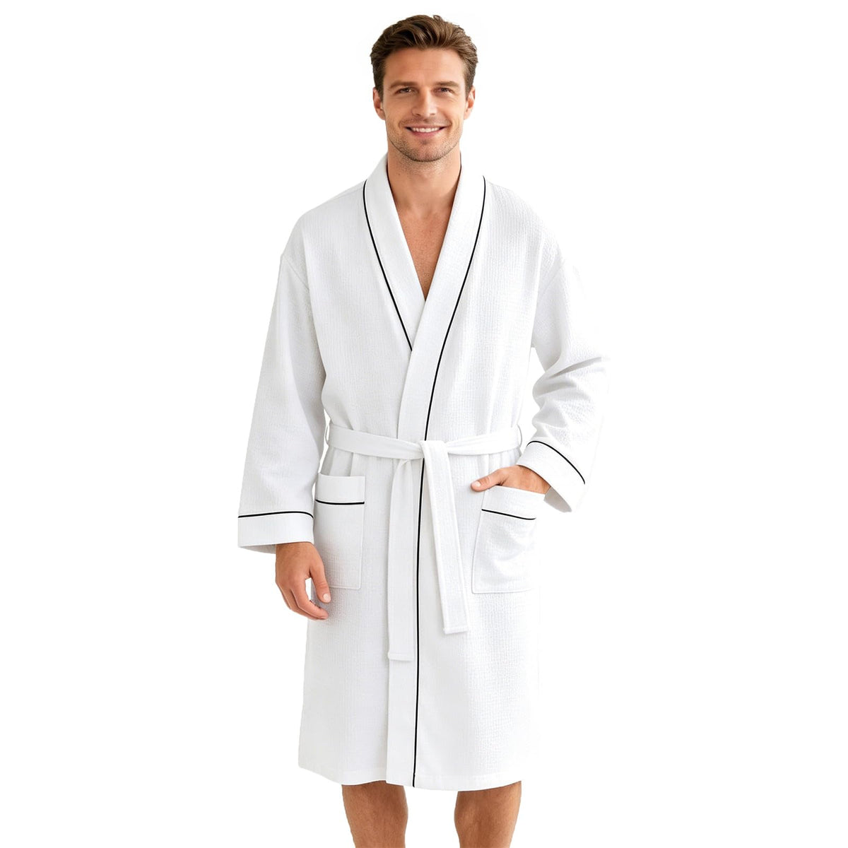 Inner Wish men's Cotton Waffle Kimono Robe, Lightweight Soft Spa Shower Bathrobe, Hotel Lounge Robes for Men
