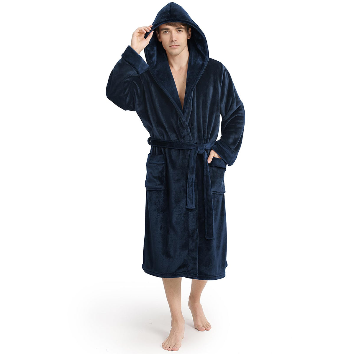 Yurhap Hooded Mens Robe, Cozy Fleece Bathrobe for Men, Plush Robe with Belt