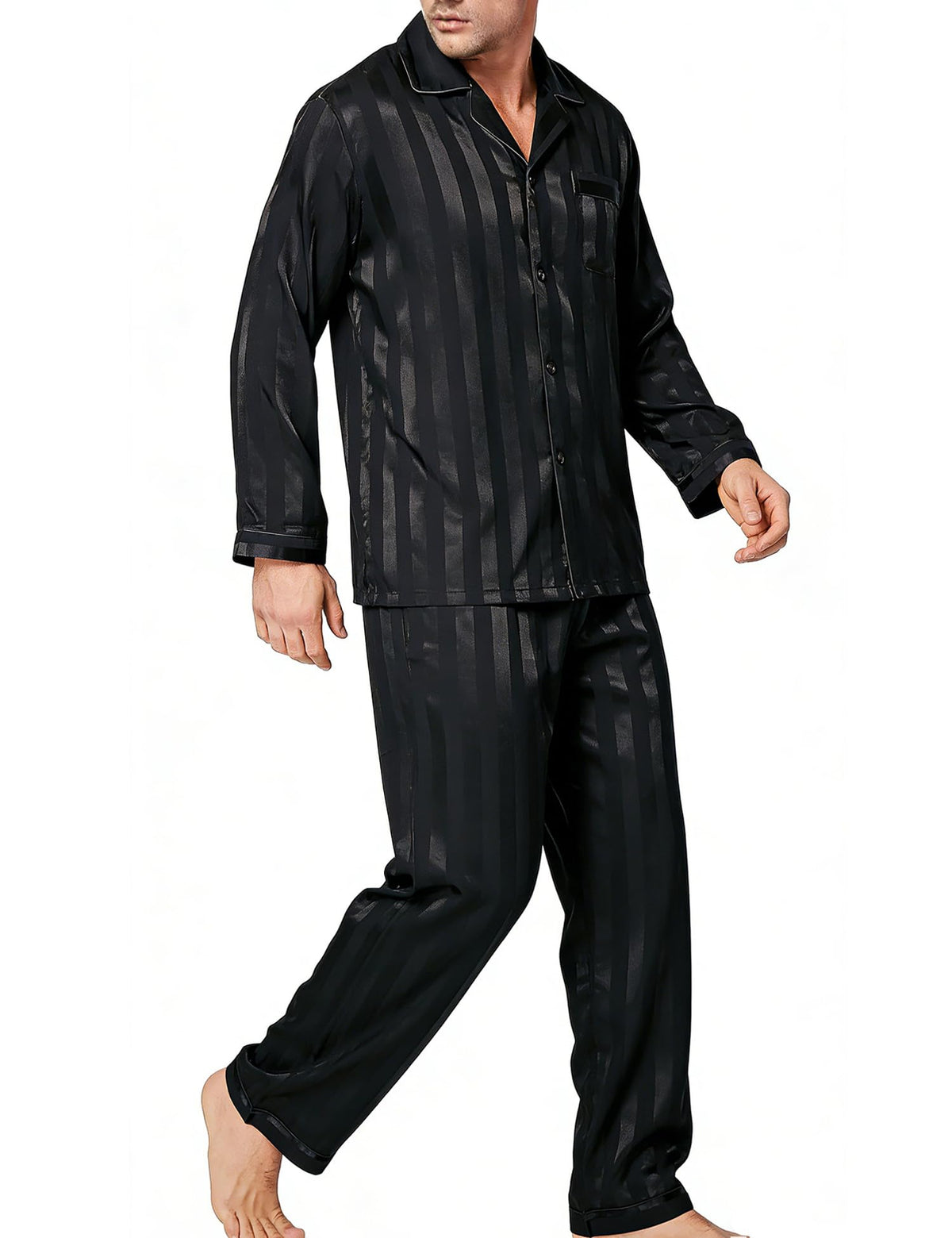 SWOMOG Mens Silk Satin Pajamas Set Long Sleeve Sleepwear Button-Down Pj Two-piece Loungewear with Long Pants S-XXL