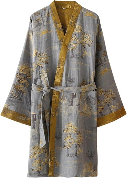 Japanese Style Bathrobe Gauze Sleeping Robe Summer Kimono Pajamas for Men Casual Daily or Meditation Spa Wear