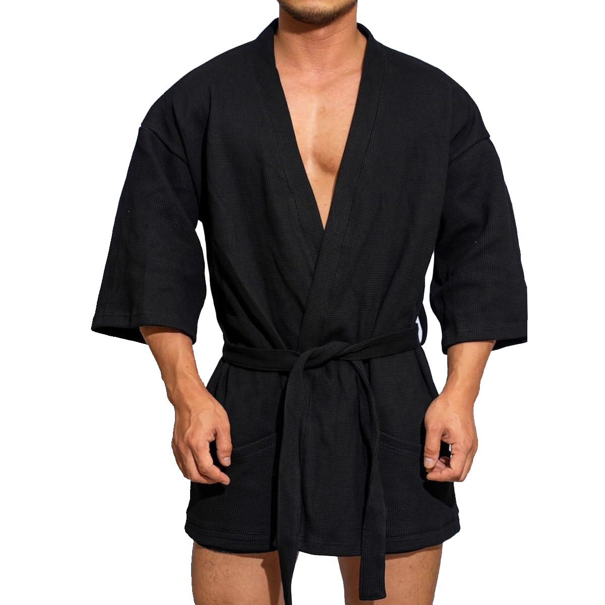 KISSQIQI Men's Cotton Robe Short Lightweight Bathrobe 3/4 Sleeve Loungewear