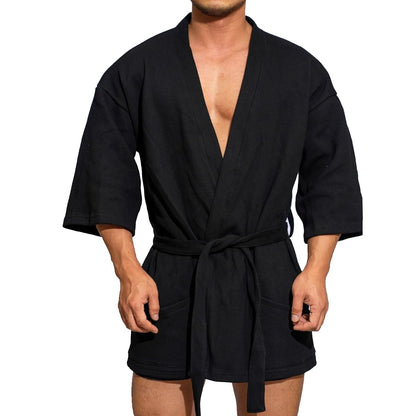 KISSQIQI Men's Cotton Robe Short Lightweight Bathrobe 3/4 Sleeve Loungewear