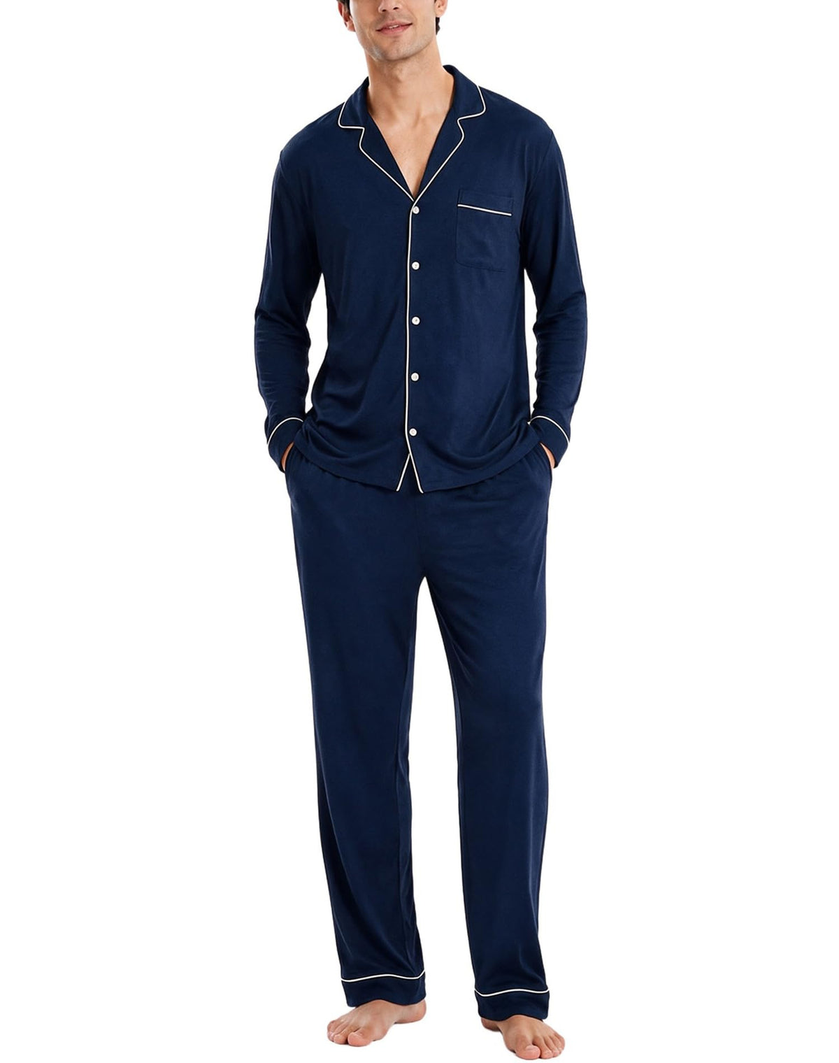 SWOMOG Men Pajamas Set Comfy Modal Pjs Button Down Sleepwear 2 Piece Long Sleeve Lounge Set Soft Nightwear with Pockets