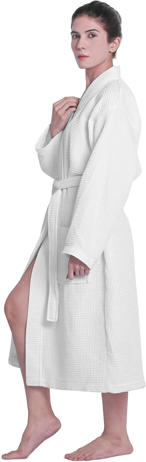 Looperry Unisex White Waffle Bathrobe (1 Piece) Luxurious & Lightweight Shower Robe in Organic Cotton Poly Blend