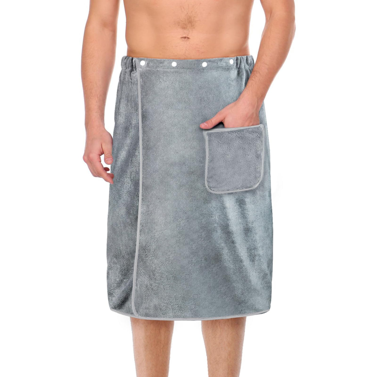 AOMIG Men's Towel Wrap with Pockets 80x150cm Large Grey Plush Soft Quick Dry Body Bath Towels Adjustable Towel Bathrobe