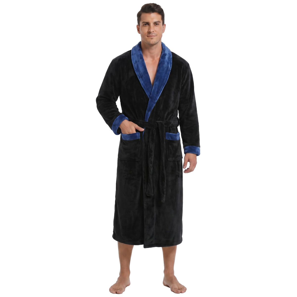 Vulcanodon Mens Robe Plush Fleece Shawl Collar Bathrobe Warm Soft Cozy Lounge Robe with Pockets