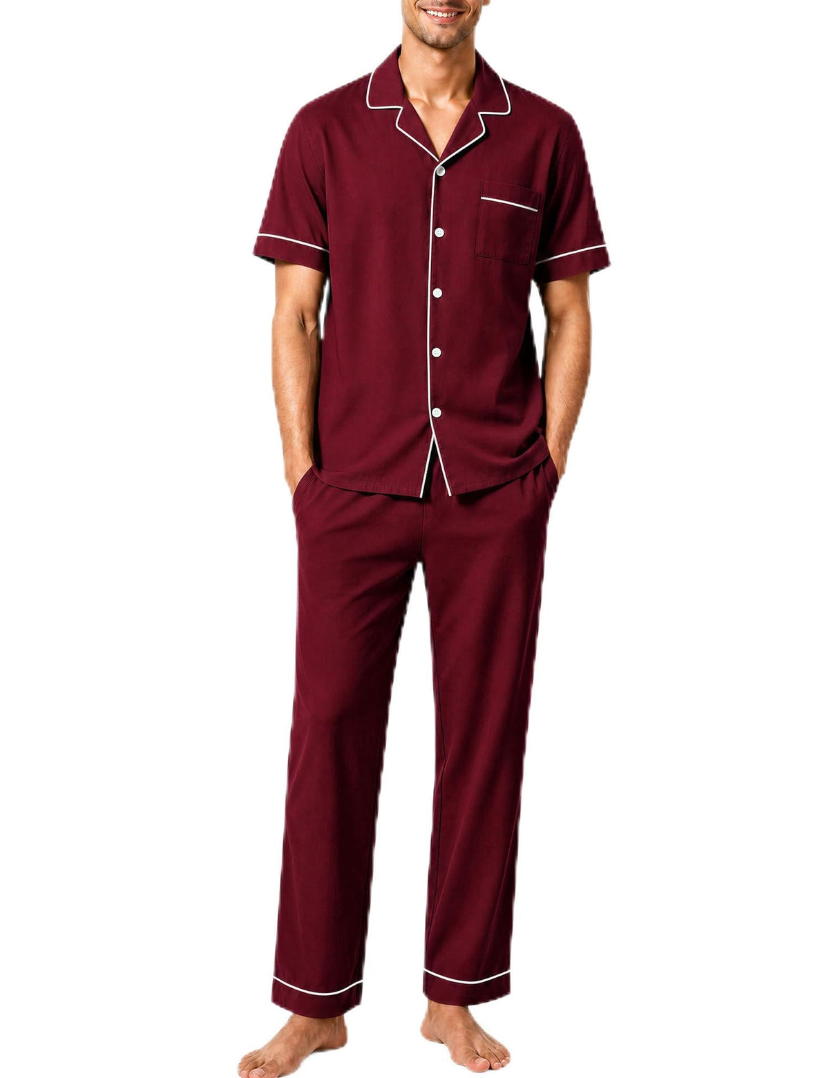 SWOMOG 100% Cotton Men Pajamas Set Button Down Short Sleeve Sleepwear Loungewear Pjs Set with Pockets