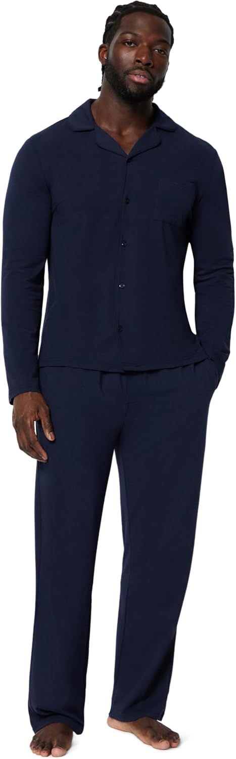Amazon Essentials Men's Cotton-Modal Pajama Set, Long Sleeve Button-Down Top with Pants