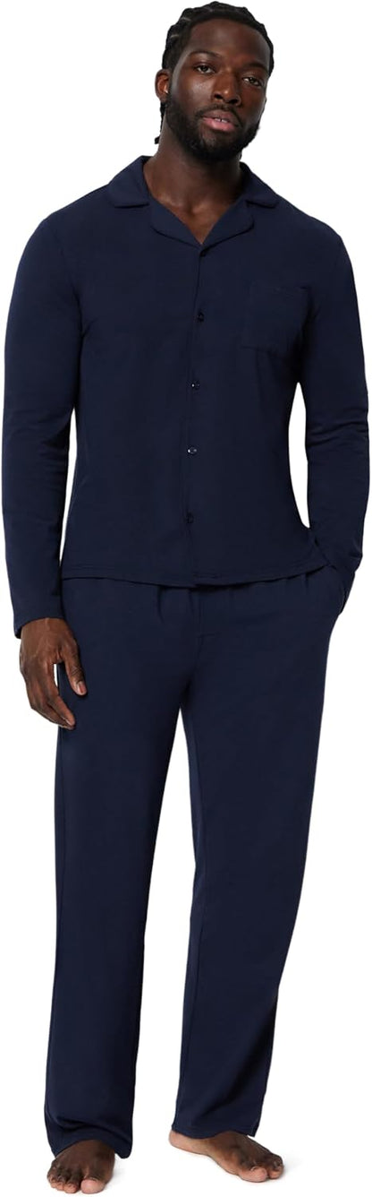 Amazon Essentials Men's Cotton-Modal Pajama Set, Long Sleeve Button-Down Top with Pants