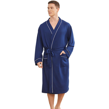Mens Lightweight Robe, Knit Kimono Bathrobe Spa Sleepwear Soft Knee Length Robe With Pockets