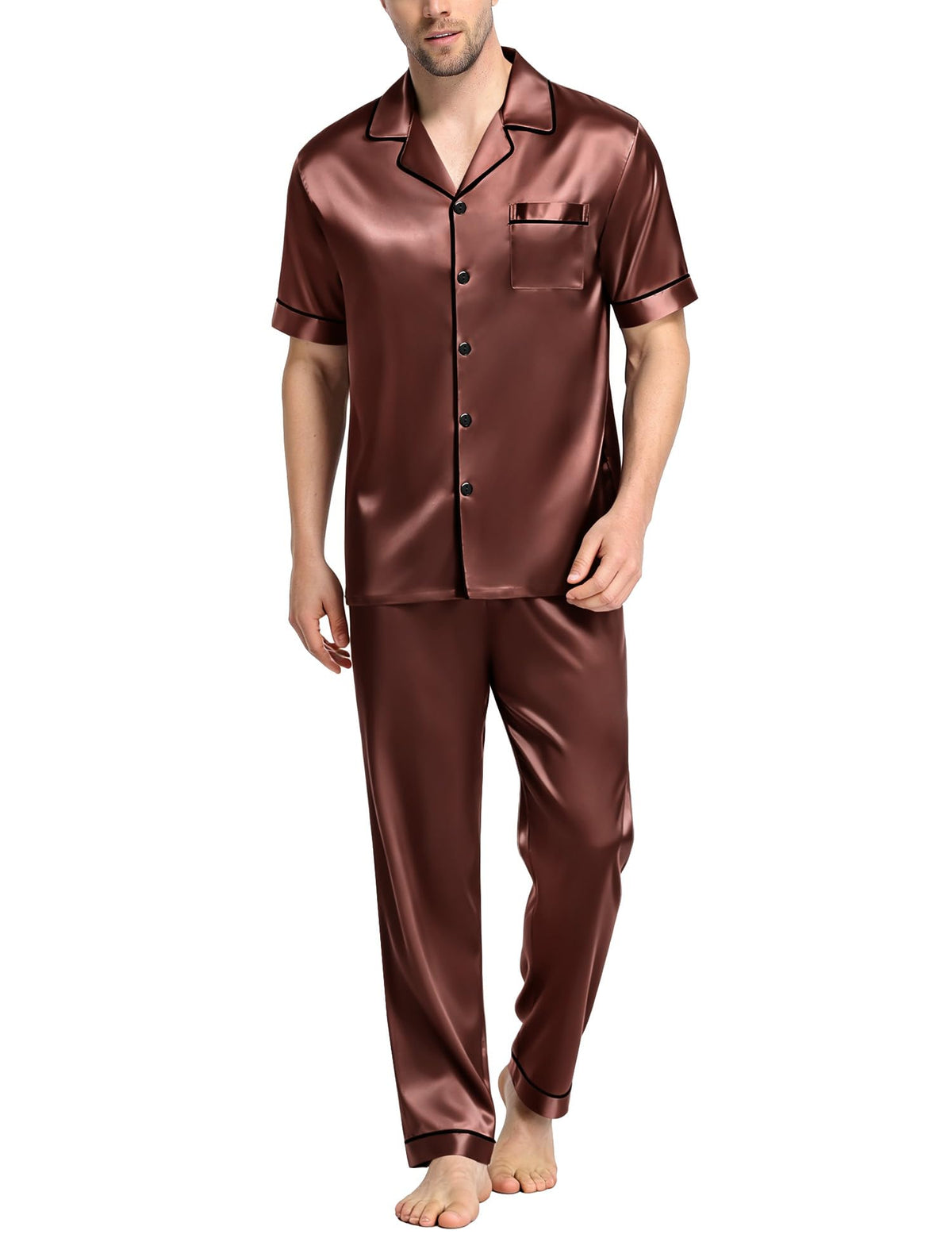 SWOMOG Mens Satin Pajama Set Short Sleeve Classic Sleepwear Button Down Silky Loungewear with Long Pants